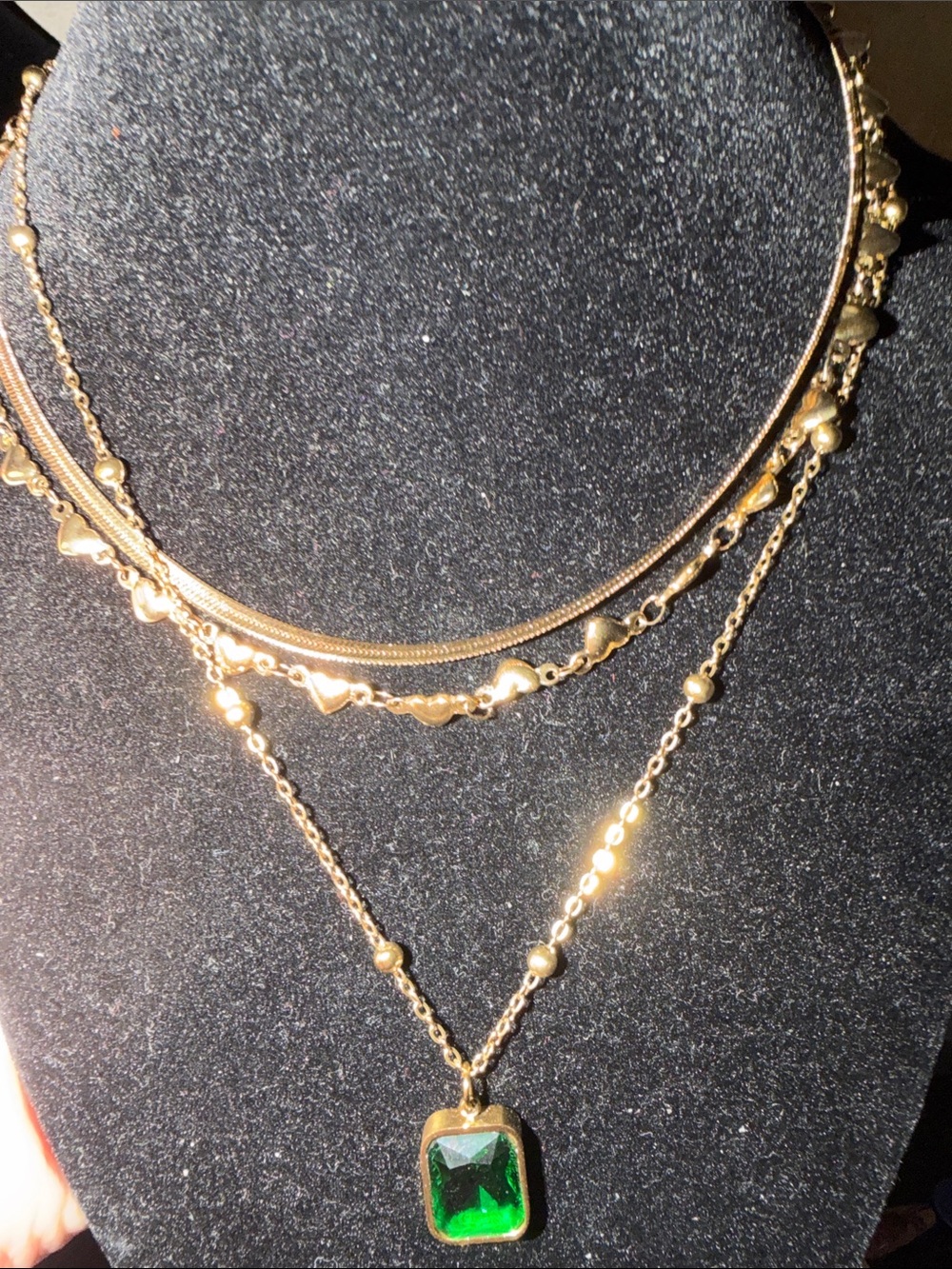 Gold Layered Necklace with Green Pendant
